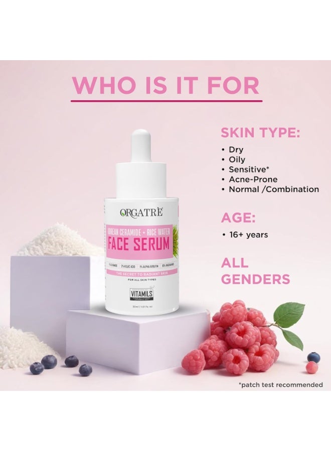 Orgatre Korean Face Serum for Glowing & Glass Skin – 10% Niacinamide, 2% Kojic Acid, 1% Ceramide, Alpha Arbutin & Rice Water | Brightening, Anti-Pigmentation, Anti-Aging | For Men & Women | 30ml - Image 2