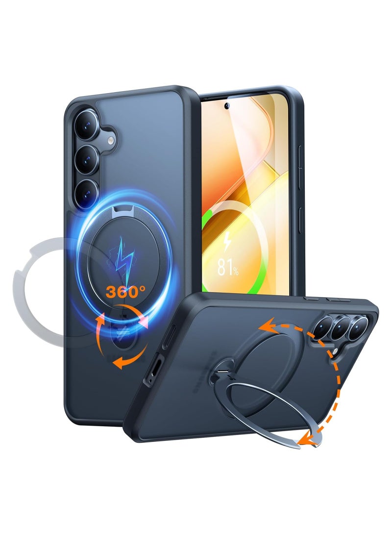 حافظة 360° دوارة لهاتف سامسونج جالاكسي S25 مع حامل، مناسبة لمغسيف، حماية 3X بمعيار عسكري، حامل قابل للدوران لحافظة سامسونج S25، حلقة مغناطيسية رفيعة، غلاف صلب، أسود غير لامع - Image 1