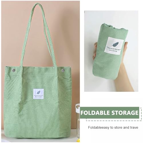 PALAY® Tote Hand Bags for Women Stylish, Corduroy Solid Color Large with Capacity, Girls Handbag Shoulder Bags for School Work Shopping Bag for Women(Green) - Image 5