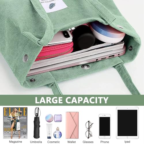 PALAY® Tote Hand Bags for Women Stylish, Corduroy Solid Color Large with Capacity, Girls Handbag Shoulder Bags for School Work Shopping Bag for Women(Green) - Image 4