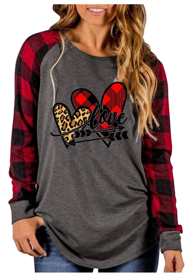 MHTOR Valentines Shirts Women Buffalo Plaid Love Heart Graphic Tees Letter Print Long Sleeve Tops Shirts(Large,Grey-03) - Image 1