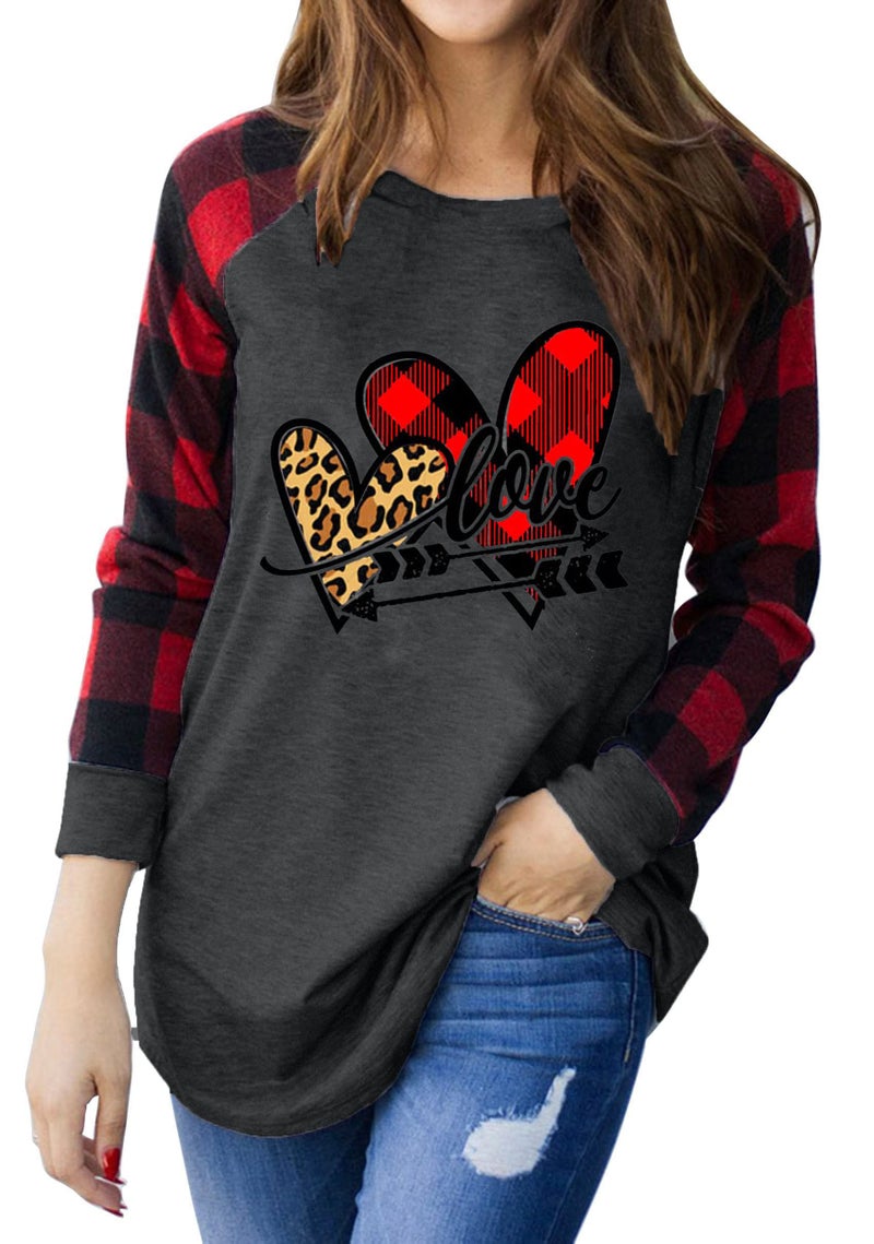 MHTOR Valentines Shirts Women Buffalo Plaid Love Heart Graphic Tees Letter Print Long Sleeve Tops Shirts(Large,Grey-03) - Image 2