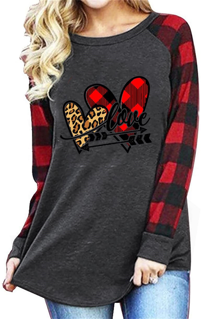 MHTOR Valentines Shirts Women Buffalo Plaid Love Heart Graphic Tees Letter Print Long Sleeve Tops Shirts(Large,Grey-03) - Image 3