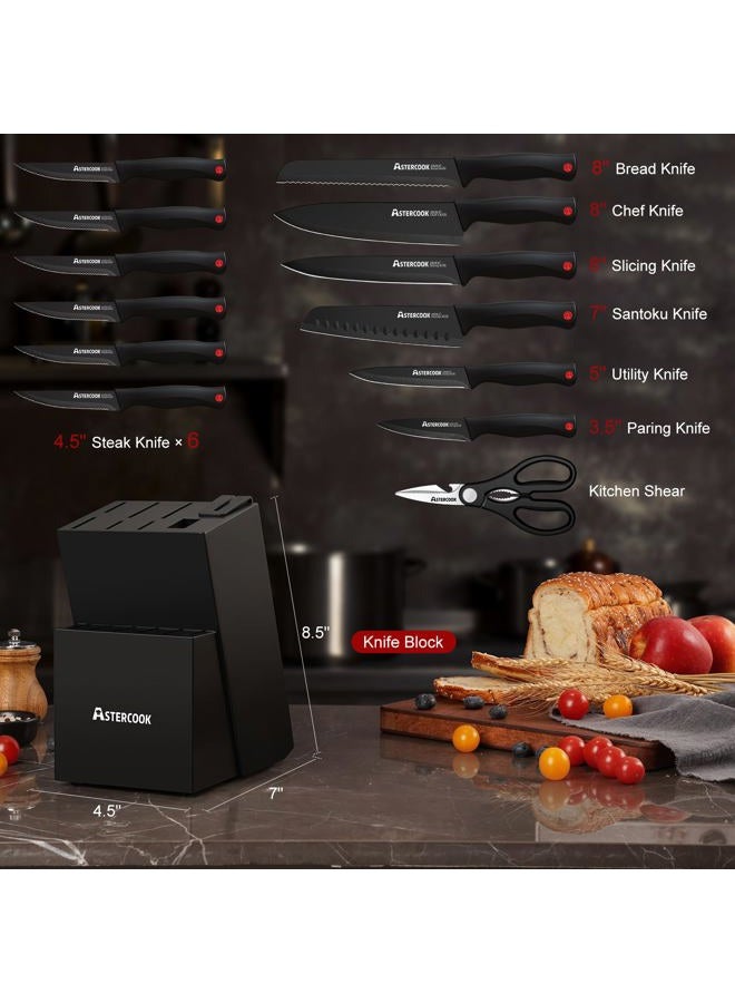 Astercook 15 Piece Knife Set with Sharpener Block - German Stainless Steel, Dishwasher Safe Kitchen Knives with Built-In Sharpener, Black - Image 2