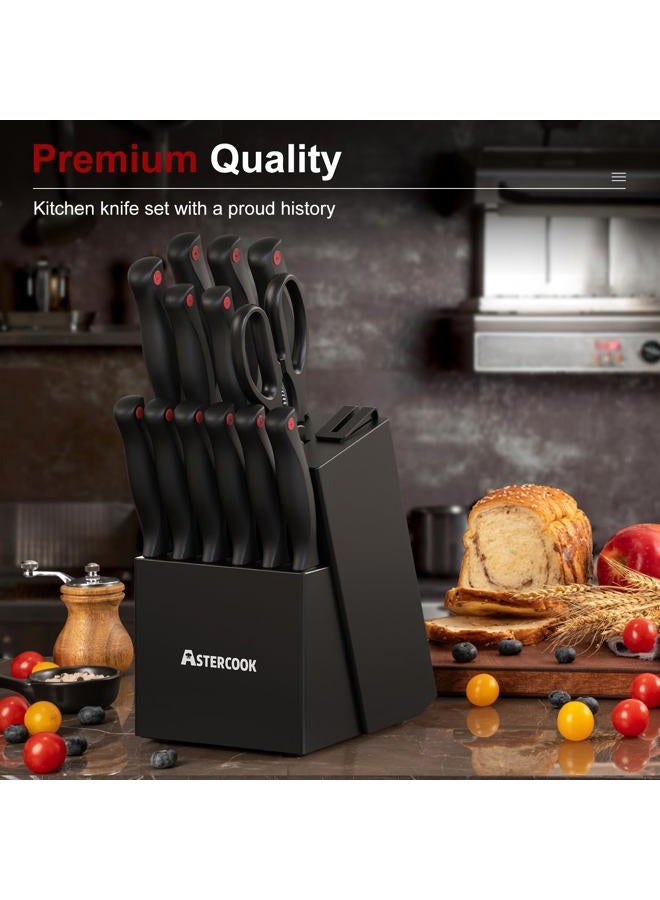 Astercook 15 Piece Knife Set with Sharpener Block - German Stainless Steel, Dishwasher Safe Kitchen Knives with Built-In Sharpener, Black - Image 5