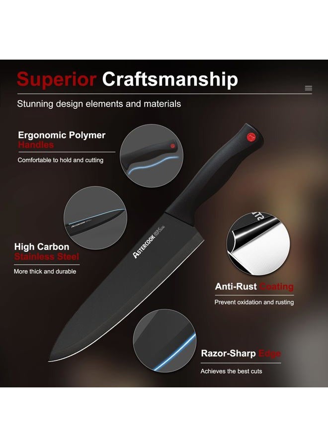 Astercook 15 Piece Knife Set with Sharpener Block - German Stainless Steel, Dishwasher Safe Kitchen Knives with Built-In Sharpener, Black - Image 3