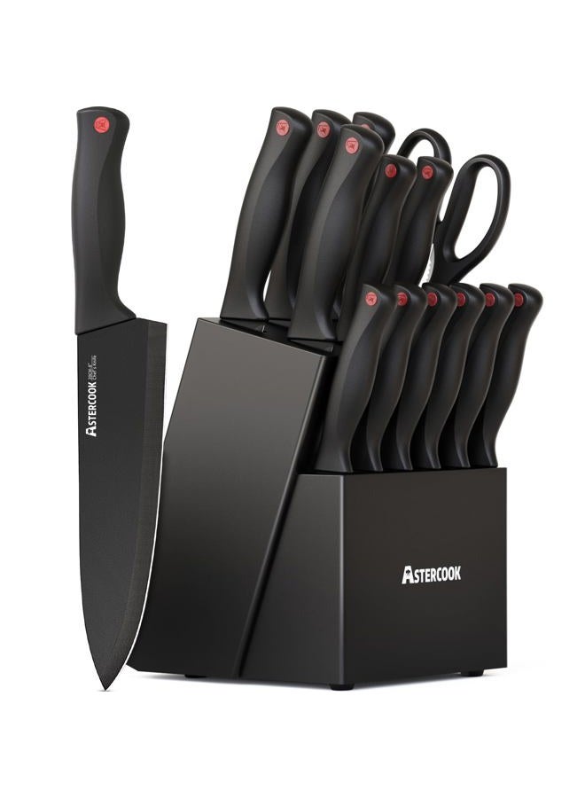 Astercook 15 Piece Knife Set with Sharpener Block - German Stainless Steel, Dishwasher Safe Kitchen Knives with Built-In Sharpener, Black - Image 1