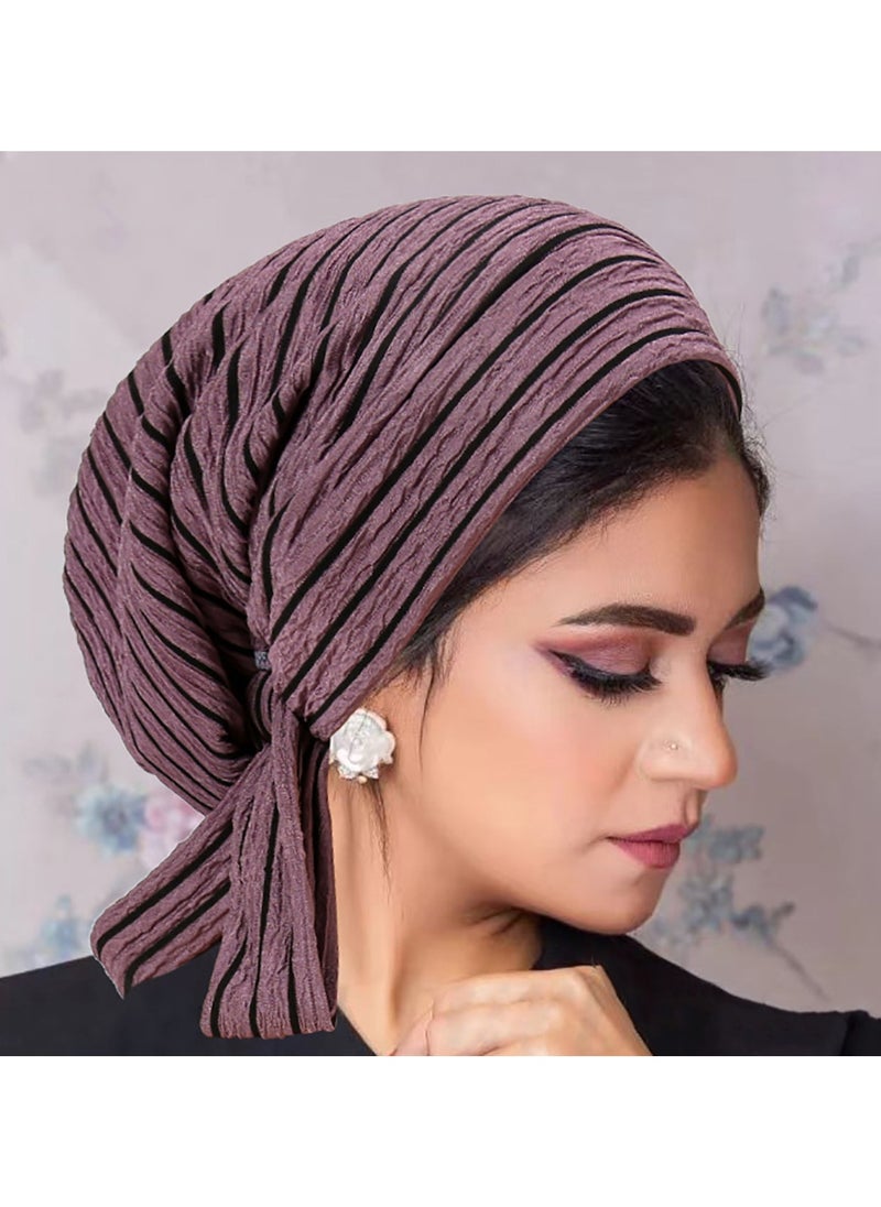 Laravel Striped Muslim long-tail elegant fashion Muslim Elastic turban hat chemotherapy hat Islamic Arab Hijab Undercap Elastic Headscarf Hat Ramadan Gift Holiday Gift Box - Purple Striped  - Image 1