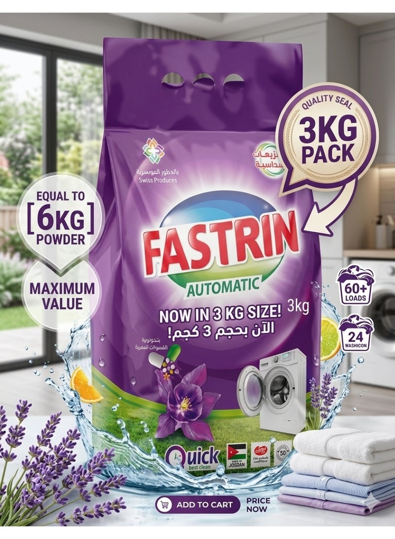 Fastrin Automatic Detergent Powder 3KG Purple Lavender Fragrance | Powerful Stain Removal, Long Lasting Fresh Floral Scent | Front & Top Load Washing Machine UAE
