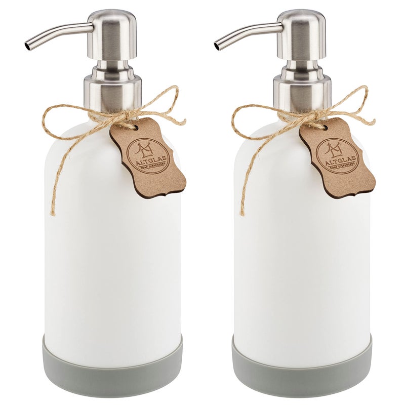 ALTGLAS Refillable Glass Soap Dispenser Sarajevo from White Bottle with Stainless Steel Pump and Silicone Coaster 500ml Set of 2