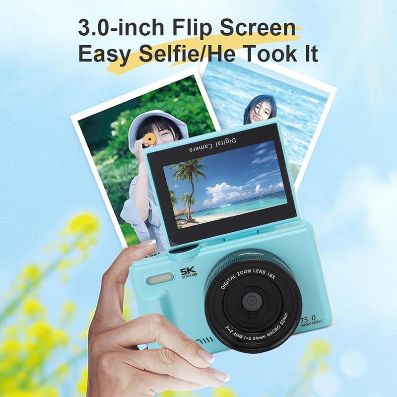 Fockety 5K 75MP Vlogging Camera with 3 Inch Flip Screen 18X Zoom Autofocus and 128GB SD Card - Image 4