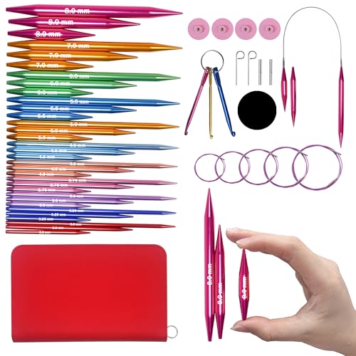 Lewhoo Circular Knitting Needles Set with Case11 Pairs Interchangeable Aluminum Circle Needles with 5 Cables 3080mm Multicolored - Image 1