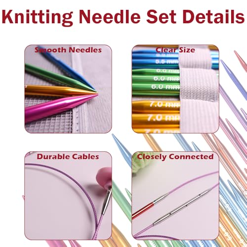 Lewhoo Circular Knitting Needles Set with Case11 Pairs Interchangeable Aluminum Circle Needles with 5 Cables 3080mm Multicolored - Image 3