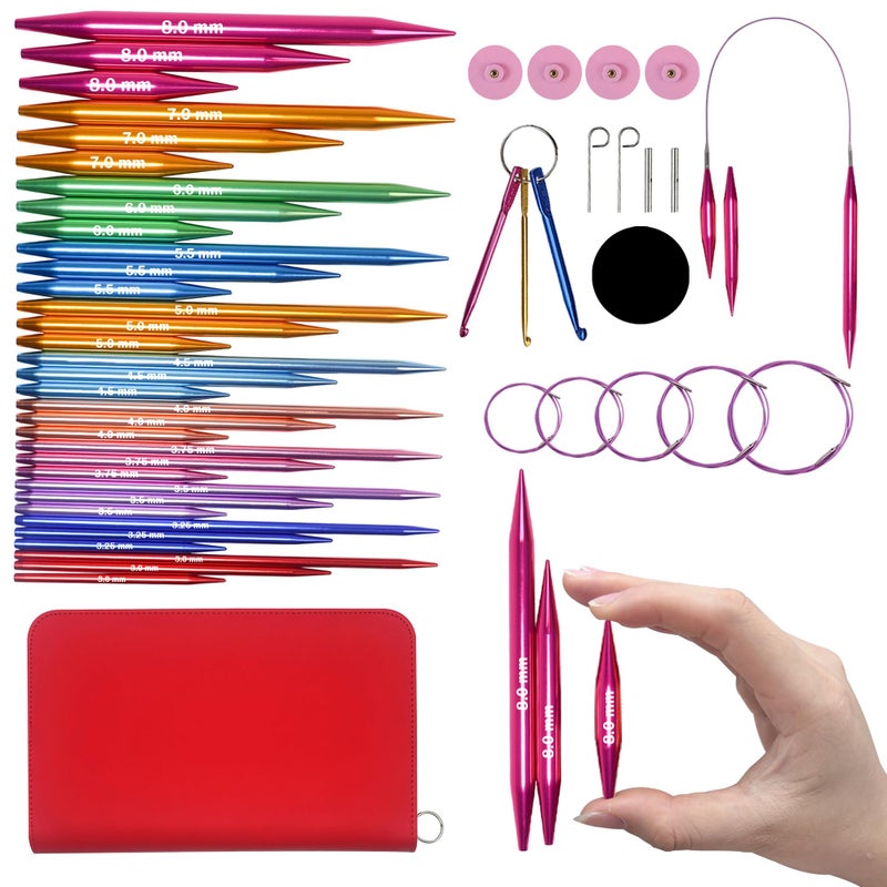 Lewhoo Circular Knitting Needles Set with Case11 Pairs Interchangeable Aluminum Circle Needles with 5 Cables 3080mm Multicolored - Image 2