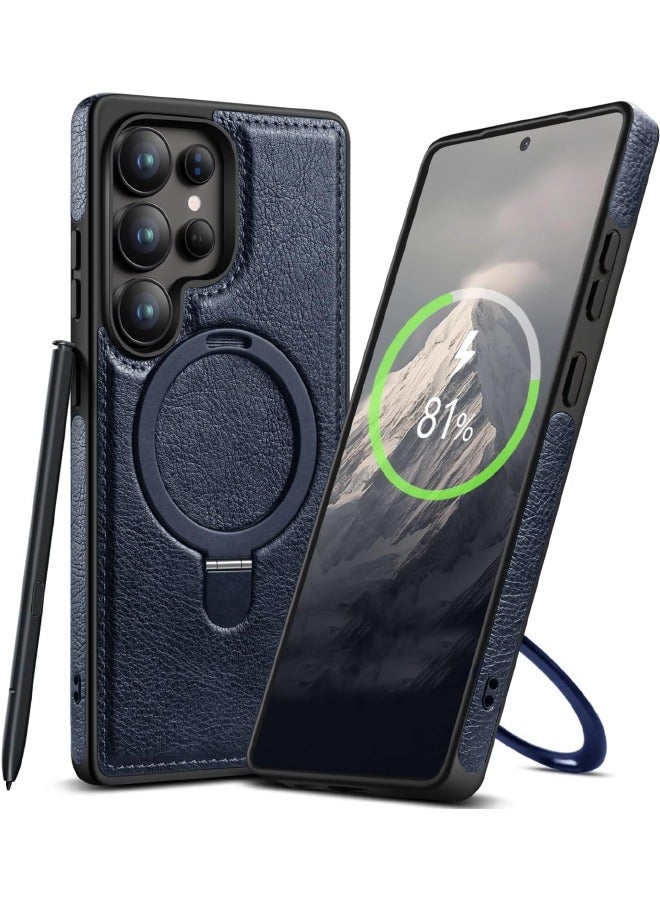 ميكّي جراب جلدي مغناطيسي لهاتف Samsung Galaxy S25 Ultra، حامل غير مرئي 【متوافق مع Magsafe】 غطاء فاخر وأنيق وجميل التصميم، غطاء هاتف رفيع غير قابل للانزلاق بمظهر عتيق، أزرق - Image 1