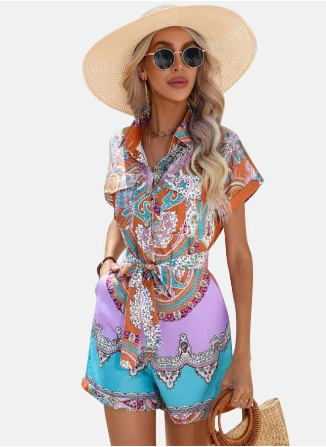 يونيكي Purple Ethnic Motifs Printed Shirt Collar Playsuit