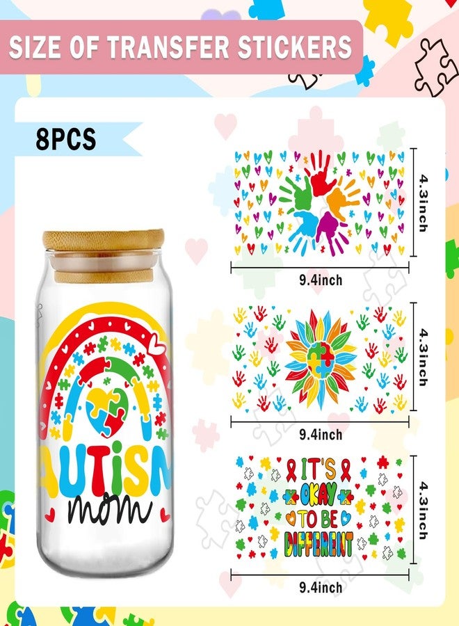 AFRITEE Autism Awareness UV DTF Stickers - 8 Sheets Blue Handprints Uvdtf Tumbler Wraps for 16 oz Glass Water Bottle, Boho Colorful Puzzle Transfer Sticker DIY Motivational Decals Gifts for Autistic Kids - Image 2