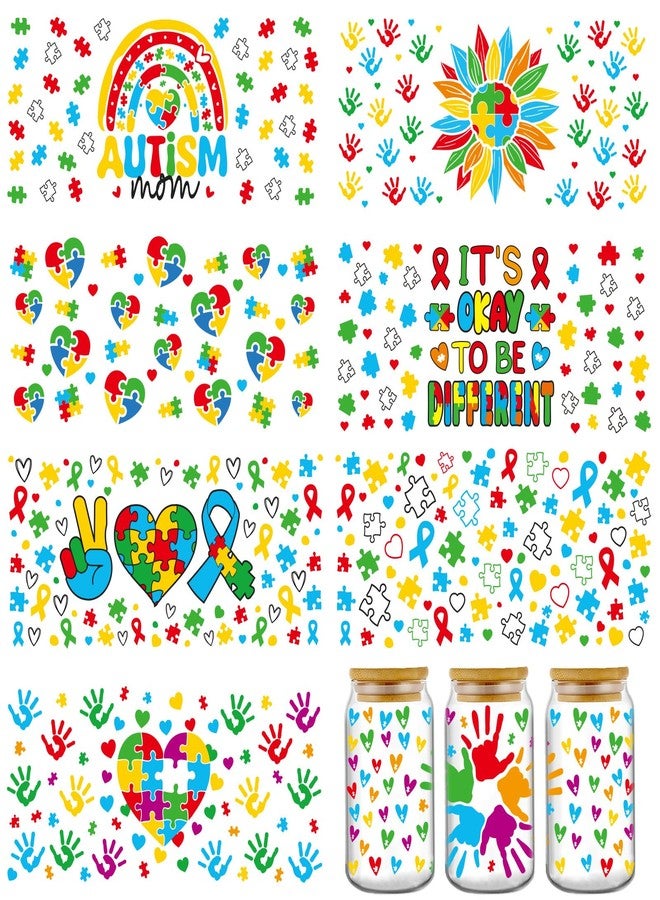 AFRITEE Autism Awareness UV DTF Stickers - 8 Sheets Blue Handprints Uvdtf Tumbler Wraps for 16 oz Glass Water Bottle, Boho Colorful Puzzle Transfer Sticker DIY Motivational Decals Gifts for Autistic Kids - Image 1