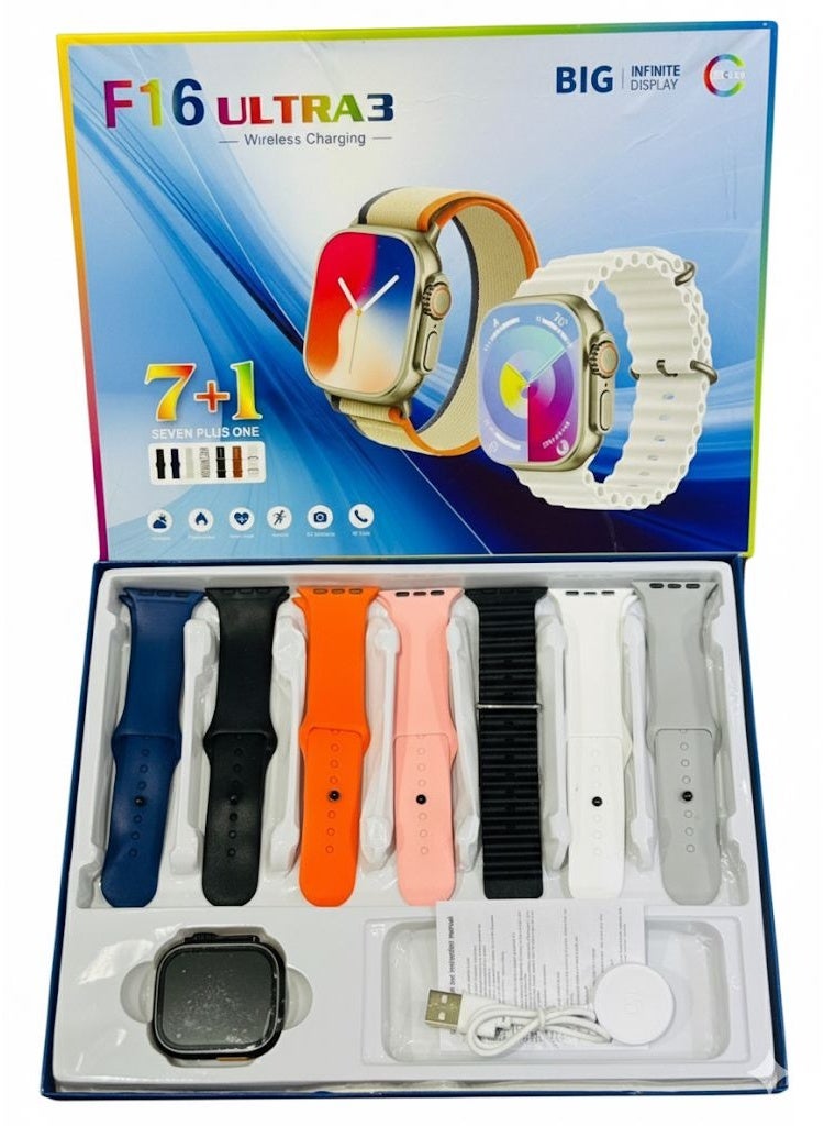 بيغ ساعة ذكية F16 Ultra3، تصميم أنيق 49 مم، متتبع اللياقة البدنية، مكالمات وشحن لاسلكي، متوافقة مع متجر IOS وAndroid، للرجال والنساء، 7 أحزمة