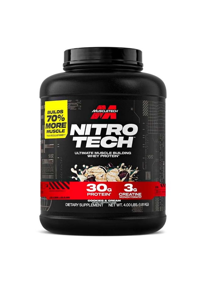 MuscleTech Nitro-Tech Whey Protein Powder, 30g Protein, 3g Creatine, 6.6g BCAAs, Clinically Studied Formula, Cookies & Cream, 1.81kg (4Lb), 40 Servings - Image 1
