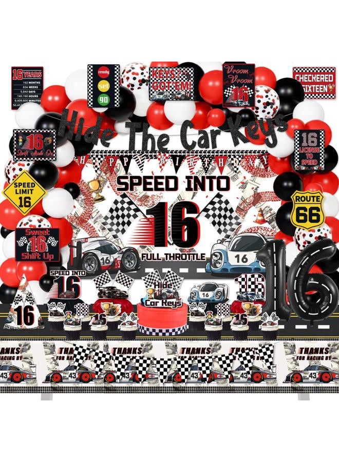 Mpanwen 16th race car Birthday Decorations for Boys, 174Pcs race car 10 Party Decor Supplies for Boy 10th Birthday - Backdrop, Banner, Balloons, Tablecloth, Centerpieces, Hanging Swirls, Wall Signs - Image 1