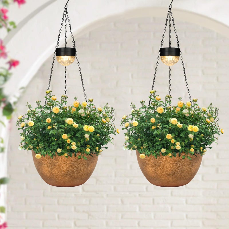 SUNNYPARK 2 Packs Hanging Planters Basket for Outdoor Plants, Solar Powered Self Watering Bronze Round Plastic Flower Pots with Drainer for Balcony Patio Garden Outdoor Decoration - Image 1