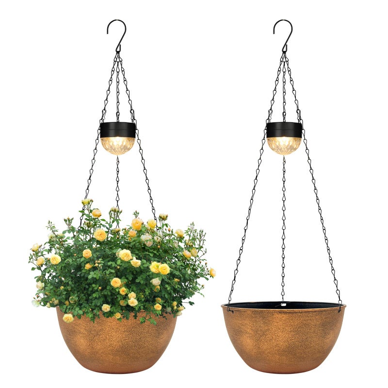 SUNNYPARK 2 Packs Hanging Planters Basket for Outdoor Plants, Solar Powered Self Watering Bronze Round Plastic Flower Pots with Drainer for Balcony Patio Garden Outdoor Decoration - Image 2