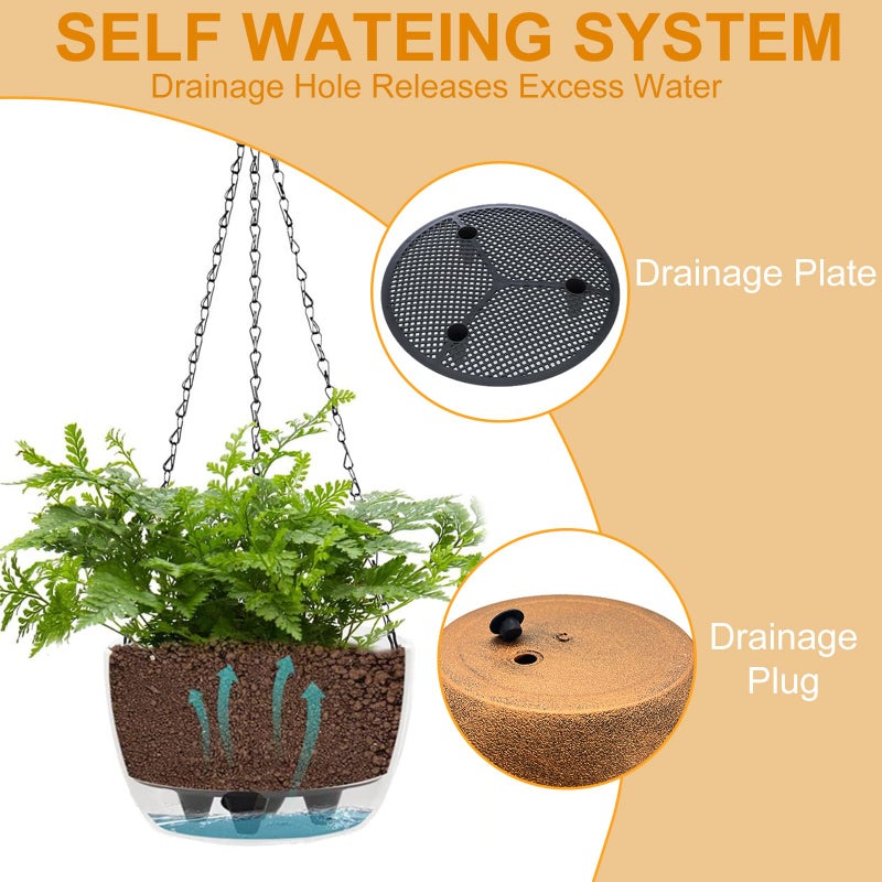 SUNNYPARK 2 Packs Hanging Planters Basket for Outdoor Plants, Solar Powered Self Watering Bronze Round Plastic Flower Pots with Drainer for Balcony Patio Garden Outdoor Decoration - Image 5