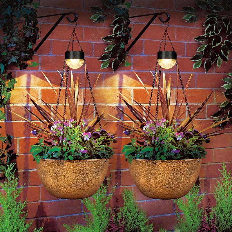 SUNNYPARK 2 Packs Hanging Planters Basket for Outdoor Plants, Solar Powered Self Watering Bronze Round Plastic Flower Pots with Drainer for Balcony Patio Garden Outdoor Decoration - Image 3