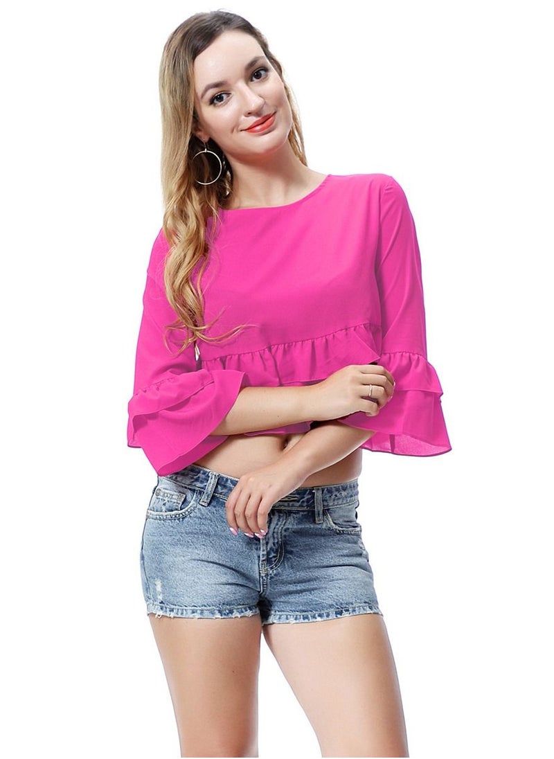 إسكدنيا - Women's Solid Color Round Neck Top Loose Ruffled Blouse Rose Pink - Image 1