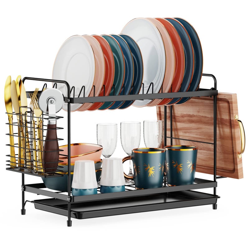 iSPECLE 2 Tier Dish Drainer Rack  Small Dish Drying Rack with Drip Tray SpaceSaving Draining Board Rack with Utensil Cutting  Board Holder for Kitchen Worktop Black