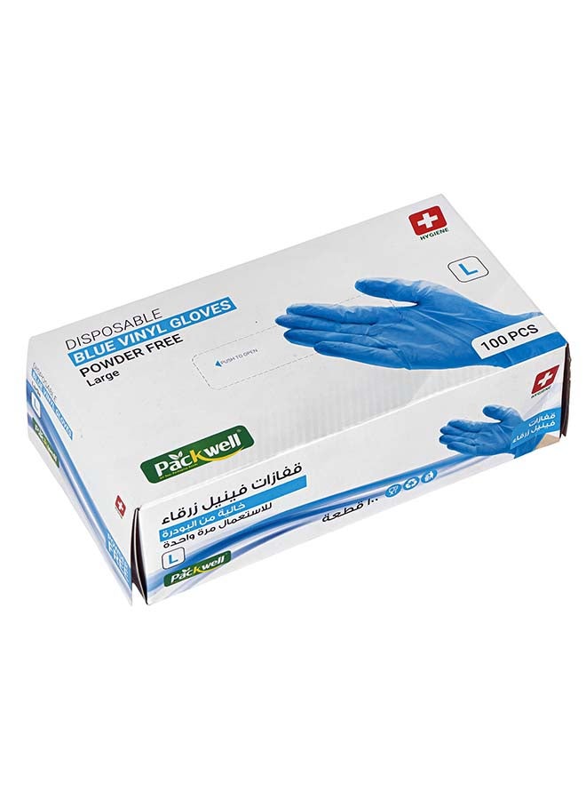 packwell قفازات باكويل الفينيل الزرقاء خالية من البودرة حجم كبير 100 قطعة - Image 1
