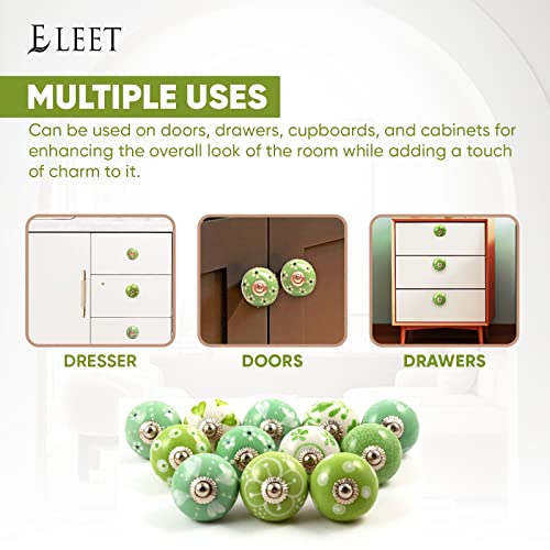 Eleet Handpainted Designer Ceramic Knobs - Pack of 12 Green & White Vintage Cabinet Cupboard Door & Drawer Pulls Chrome Hardware (12, Green & White) - Image 5