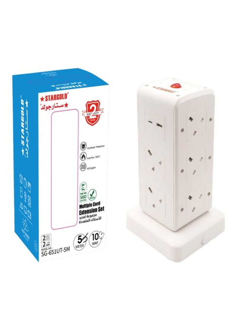 Stargold 10 Way 5M Extension Cord with USB Ports Overload Protection and Durable 3250W 13A Power Capacity - Image 2