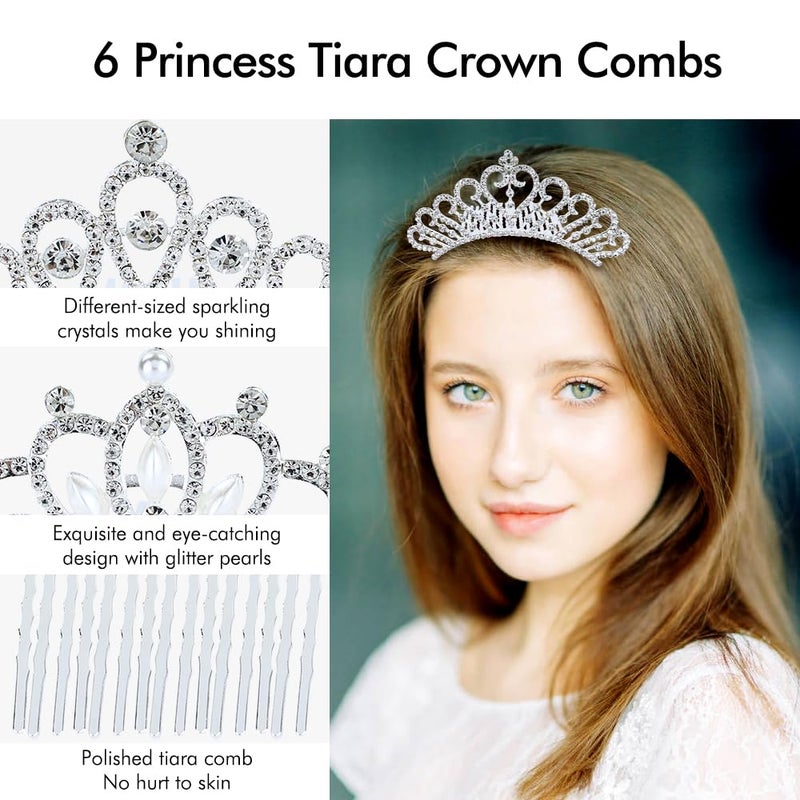 Cinaci 6 Pieces Decorative Wedding Birthday Party Prom Princess Dazzling Pearl Rhinestone Silver Metal Tiara Crown Hair Side Combs Slides Hair Accessories for Kids Teens Girls Women - Image 5
