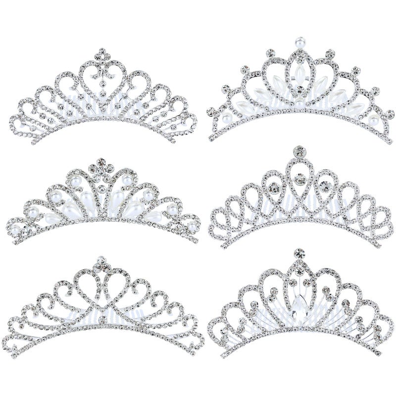 Cinaci 6 Pieces Decorative Wedding Birthday Party Prom Princess Dazzling Pearl Rhinestone Silver Metal Tiara Crown Hair Side Combs Slides Hair Accessories for Kids Teens Girls Women - Image 1