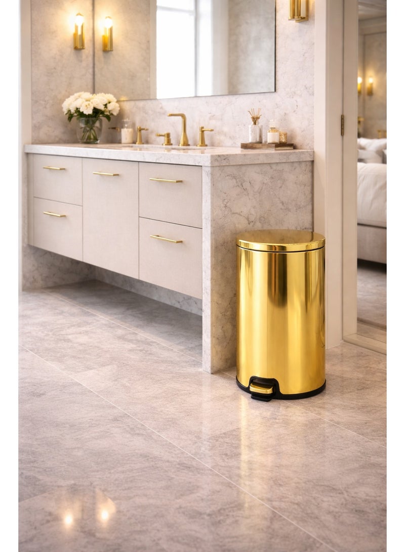 Primanova 20 Liter Stainless Steel Pedal Trash Can With Soft Close Lid And Inner Bucket Round Glossy Gold Garbage Bin For Bathroom Bedroom And Office - Image 2