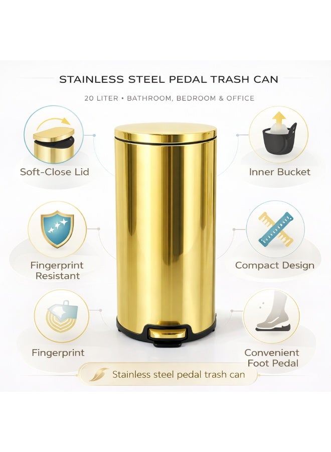Primanova 20 Liter Stainless Steel Pedal Trash Can With Soft Close Lid And Inner Bucket Round Glossy Gold Garbage Bin For Bathroom Bedroom And Office - Image 5
