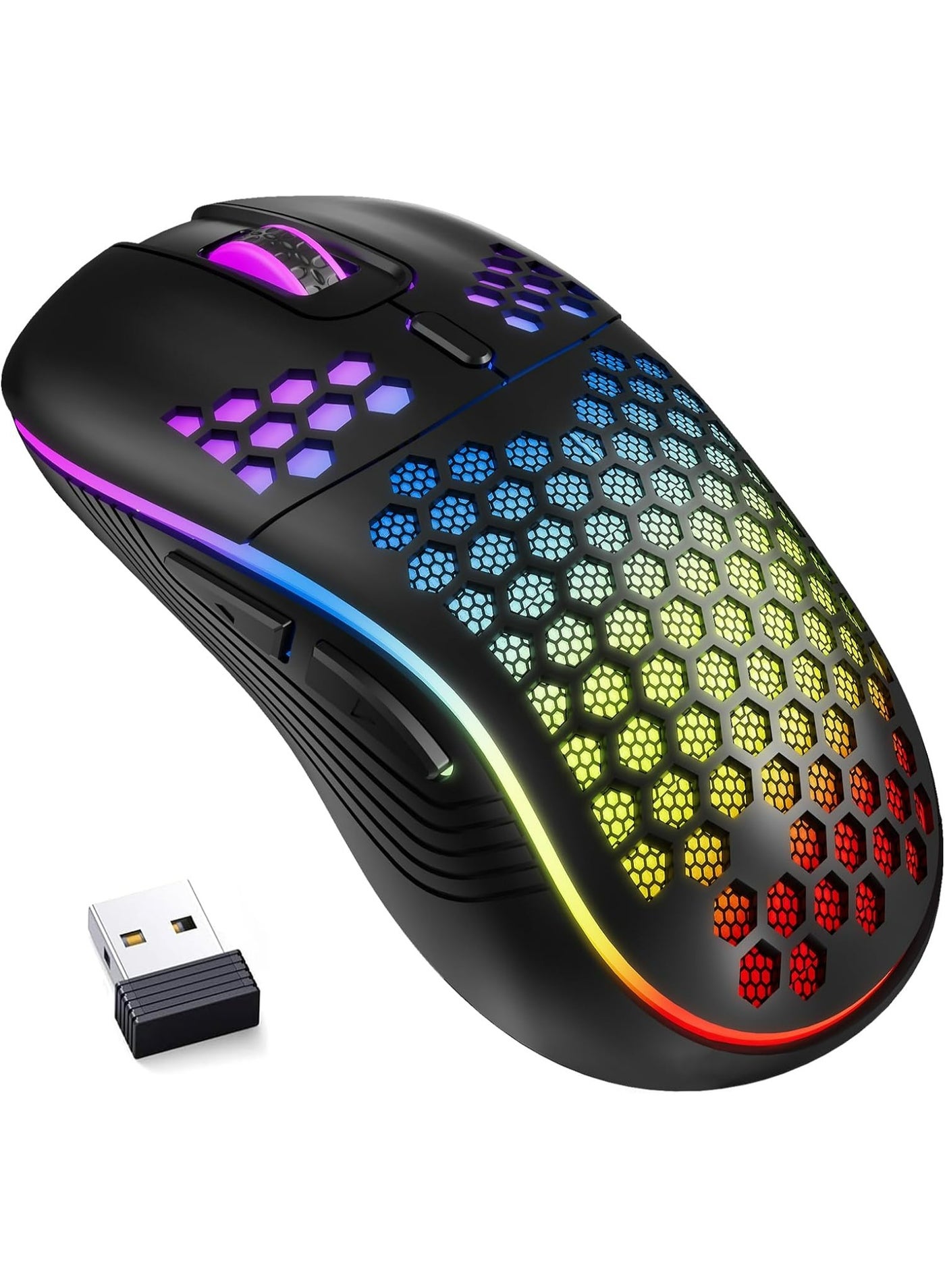  Wireless Gaming Mouse Honeycomb 2.4G USB Cordless Mouse RGB Rechargeable PC Game Mice with 7-Color LED Lights,3 Adjustable DPI for Windows Laptop Desktop Computers 