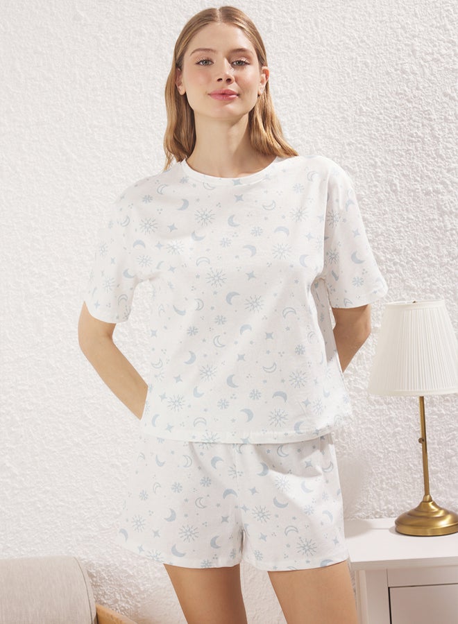 trendyol Women White Cotton Galaxy Patterned Pajamas Set - Image 4