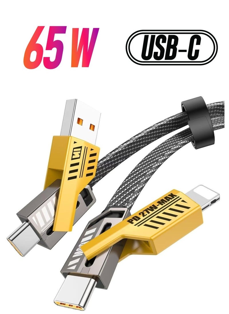 65W 4-in-1 Fast Charging Cable - Versatile Flat Braided USB C, USB A, and Lightning Combo - Image 1