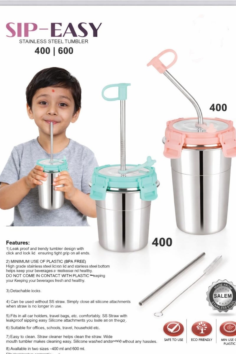 LIPSA ENTERPRISE Stainless Steel Fusion Glass Tumbler with Stainless Steel Metal Straws and Cleaning Brush with Steel Lid (SIP Easy 400ML) - Image 3