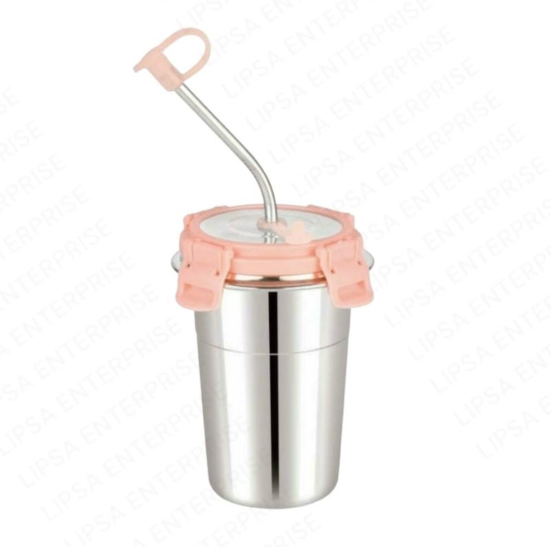 LIPSA ENTERPRISE Stainless Steel Fusion Glass Tumbler with Stainless Steel Metal Straws and Cleaning Brush with Steel Lid (SIP Easy 400ML) - Image 1