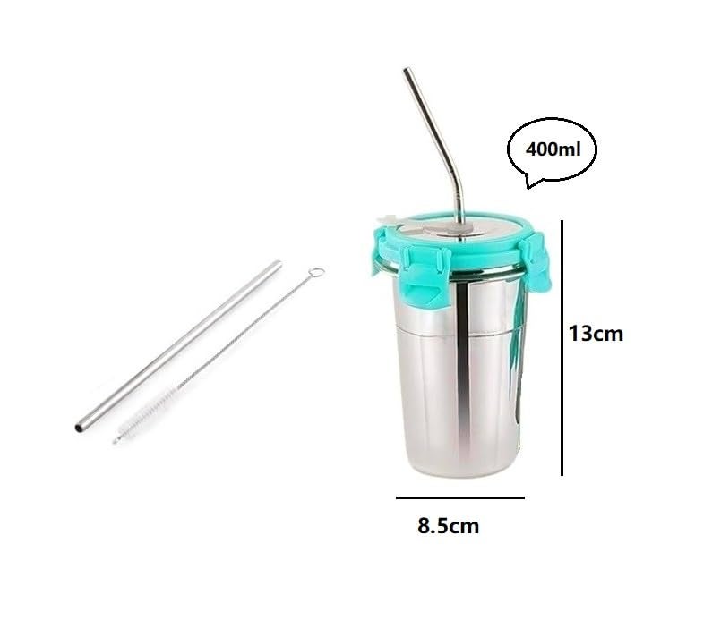 LIPSA ENTERPRISE Stainless Steel Fusion Glass Tumbler with Stainless Steel Metal Straws and Cleaning Brush with Steel Lid (SIP Easy 400ML) - Image 2