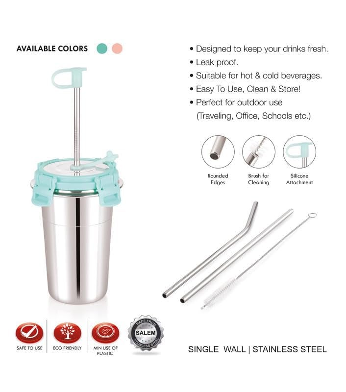 LIPSA ENTERPRISE Stainless Steel Fusion Glass Tumbler with Stainless Steel Metal Straws and Cleaning Brush with Steel Lid (SIP Easy 400ML) - Image 4