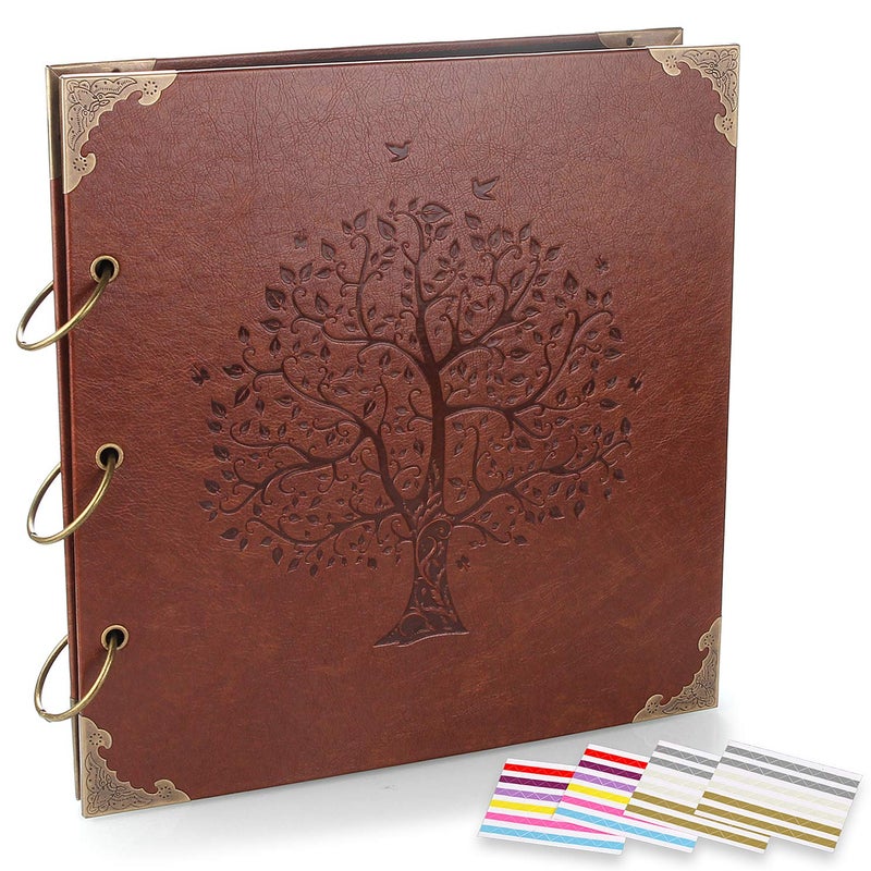 ADVcer Photo Album DIY Scrapbook 10x10 inch 50 Pages Double Sided Vintage Leather Cover ThreeRing Binder Family Picture Booth with 9 Color 408pcs Self Adhesive Photos Corners for Memory Keep Tree