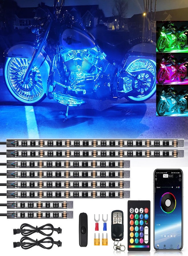 ZONECONA 8PCS Segmented Motorcycle RGB LED Light Kits with Brake Turn Signal, Underglow Lights with APP/Dual Remote, Multicolor 12v Waterproof Underbody Neon Strips Lights for Harley Honda Kawasaki - Image 1