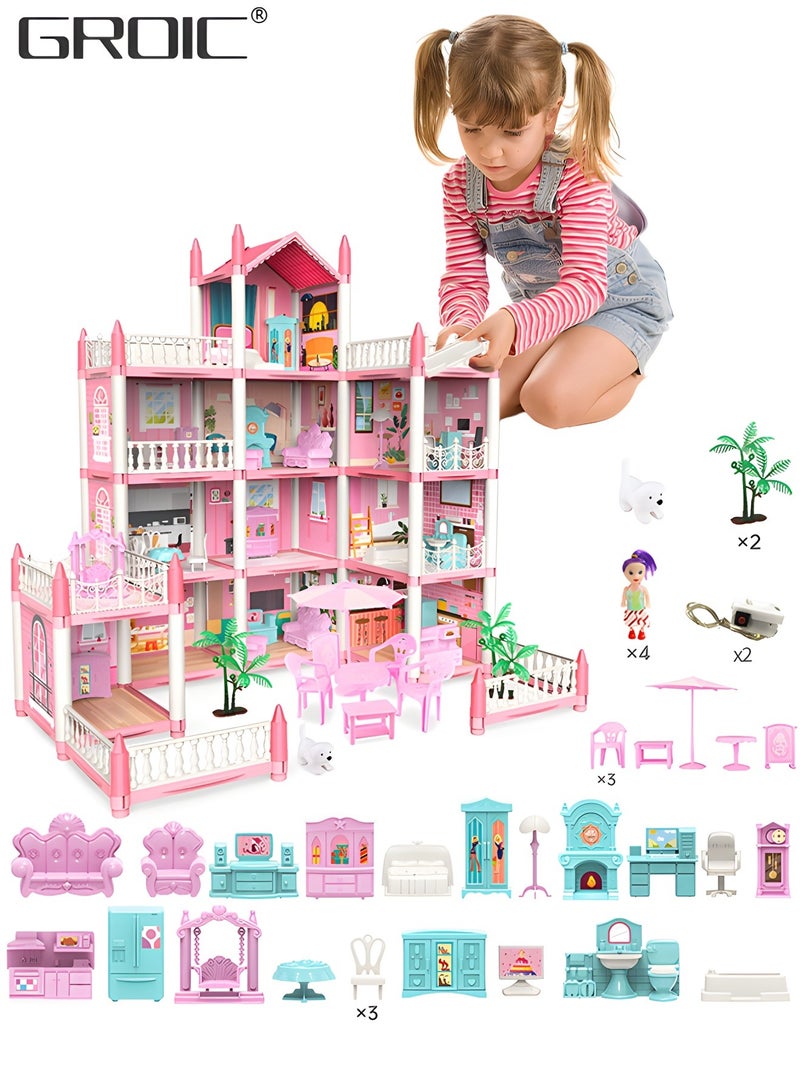 GROIC أثاث بيت الدمى دريم هاوس، أثاث مجسم، منزل يمكنك صنعه بنفسك، إكسسوارات، حيوانات أليفة ودمى، أضواء وامضة، بيت أحلام اللعب باللون الوردي للفتيات - Image 1