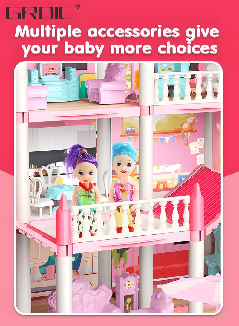 GROIC أثاث بيت الدمى دريم هاوس، أثاث مجسم، منزل يمكنك صنعه بنفسك، إكسسوارات، حيوانات أليفة ودمى، أضواء وامضة، بيت أحلام اللعب باللون الوردي للفتيات - Image 4