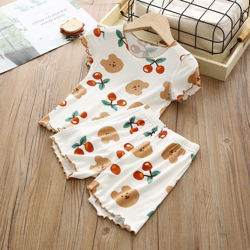 2024 childrens new pajamas girls short sleeve pants summer thin girls baby fashion home clothes suit 046# [white suit]] 
